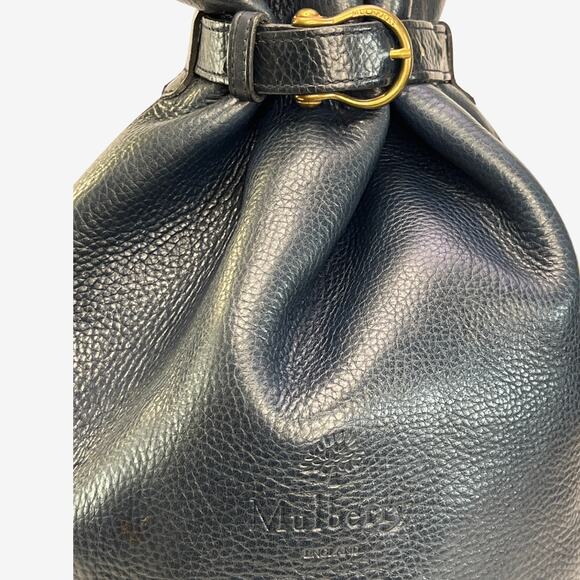 Mulberry Navy Pebbled Leather Drawstring Bucket Bag Plaid Lining England - Picture 2 of 15